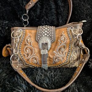 Montana West Silver Brown Shoulder Bag with Ornate Western Design
